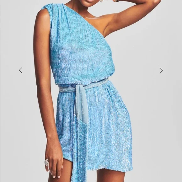 Retrofete One-Shoulder Light Blue Sequin Mini Dress